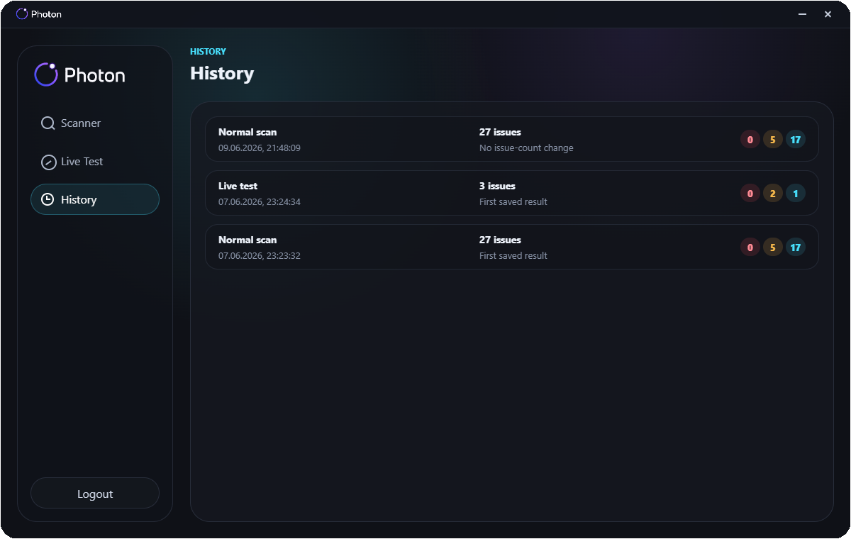 Photon history page with previous scan and live test results