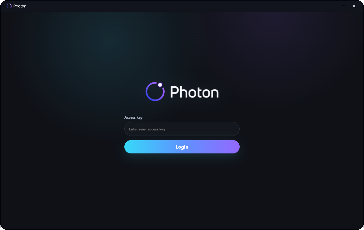 Photon license login screen