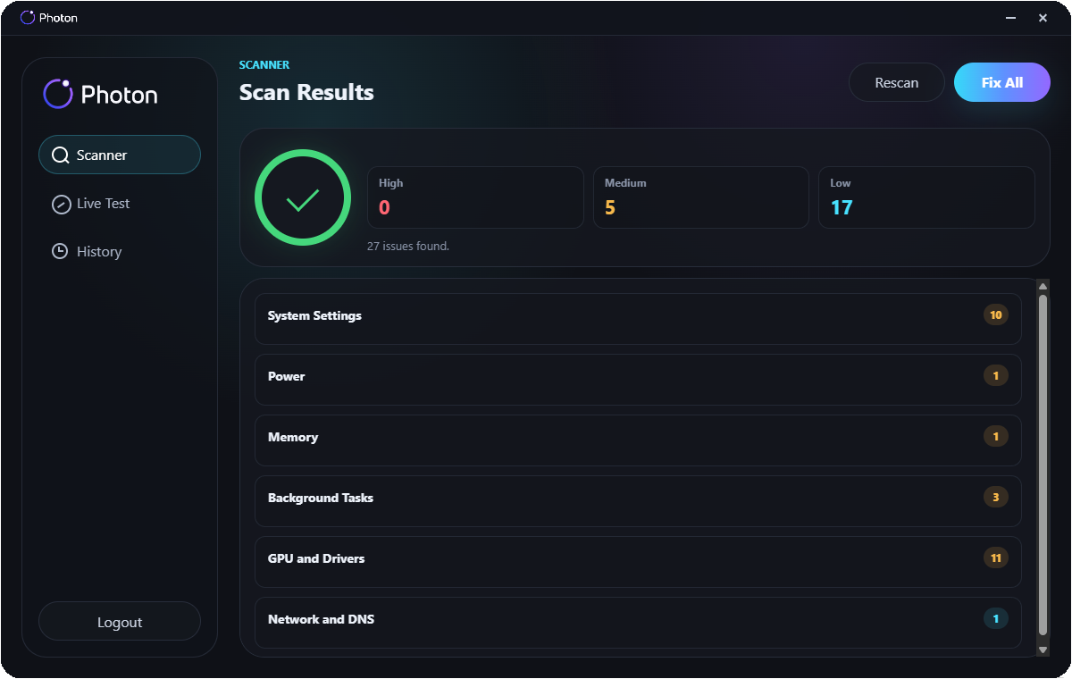 Photon scan complete page showing grouped issue results