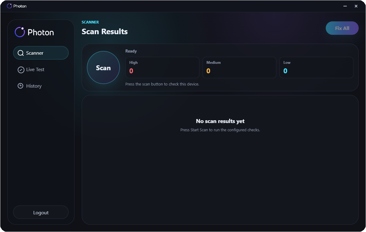 Photon scanner page before running a scan